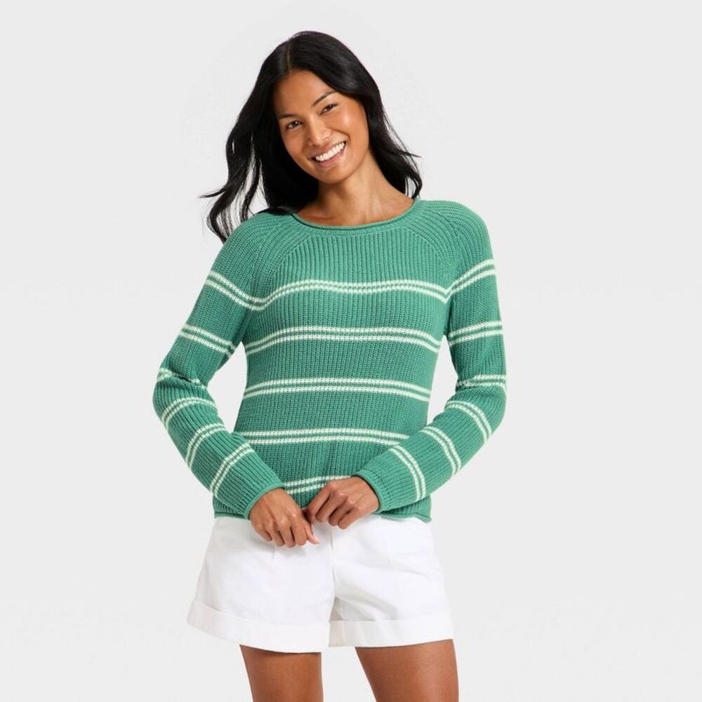 NWT • a new day | Green and White Striped V-Neck Sweater